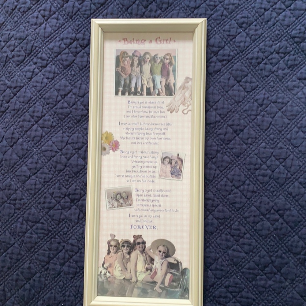 “Being a Girl” print, pink and white, EUC